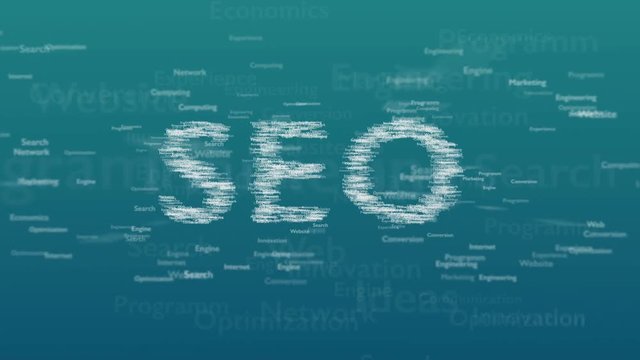 Light blue background with different words, which deal with Search Engine Optimization. The bold word is appearing from nowhere and is glowing, turning. Close up. Copy space. 3D. Animatiom. 4K.