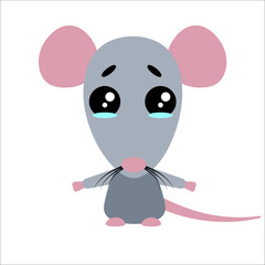 Cute vector rat. Cartoon sad character. White background. Flat design. Vector.