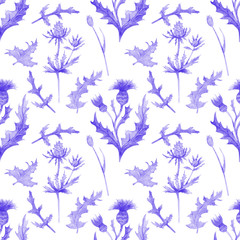 Fototapeta na wymiar Seamless pattern with spring flowers and leaves. Wildflowers on isolated white background. Floral pattern for Wallpaper or fabric. Watercolor illustration. Element of packaging design, invitations