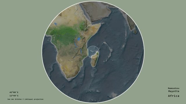 Mayotte and its capital circled and zoomed on the global satellite map in the van der Grinten I projection with animated oblique transformation. Animation 3D