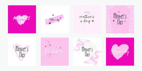 Fototapeta na wymiar Set of Happy Mothers Day lettering greeting cards template. Hand drawn elements and letters. Suitable collection for background, banner, sticker, e-mail, website. Vector illustration