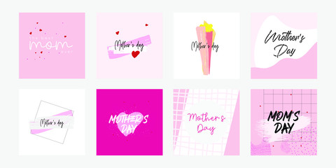 Fototapeta na wymiar Set of Happy Mothers Day lettering greeting cards template. Hand drawn elements and letters. Suitable collection for background, banner, sticker, e-mail, website. Vector illustration