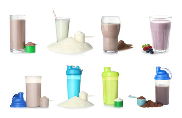 Set of different delicious protein shakes on white background