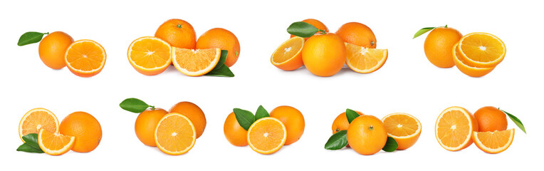 Set of ripe juicy oranges on white background