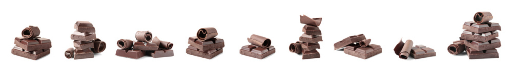 Set of delicious chocolate pieces and curls on white background