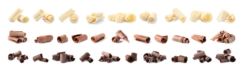 Set of different delicious chocolate curls on white background