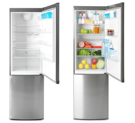 Set of modern refrigerators on white background