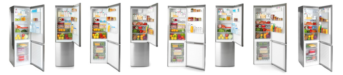 Set of modern refrigerators with food on white background