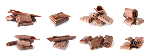 Set of delicious chocolate pieces and curls on white background