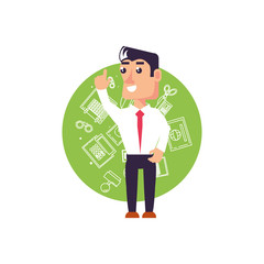 businessman elegant with hand up and set icons office