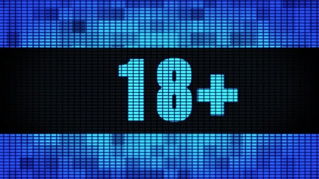 18+ Front Text Scrolling on Light Blue Digital LED Display Board Pixel Light Screen Looped Animation 4K Background. Sign Board , Blinking Light, Pixel Monitor . LED Wall Pannel