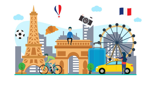 travel to paris creative illustration vector of graphic , small people traveling in paris illustration vector , eiffel tower vector , new york city concept vector france flat illustration