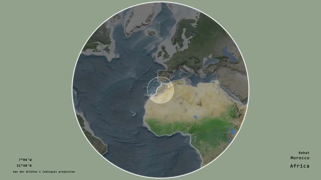 Morocco and its capital circled and zoomed on the global satellite map in the van der Grinten I projection with animated oblique transformation. Animation 3D