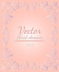 Wreath of roses or peonies flowers with your pink, living coral, moody blue and white gradient colors. Floral frame design elements for invitations and greeting cards. Hand drawn. Line art. Sketch