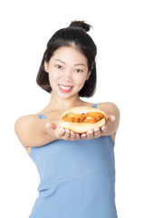 Chinese American woman eating Chicken Sandwich isolated on white background