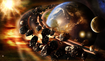 Abstract Artistic 3d Rendering Illustration Of Planet Earth With A Glowing Rotating Asteroids Belt