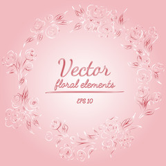 Wreath of roses or peonies flowers and branches with azalea, pale pink and white colors. Floral frame design elements for invitations and greeting cards. Hand drawn illustration. Line art. Sketch.