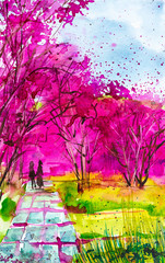 Loving couple holding hands walking along the path in the Park where the beautiful sakura blossoms.Watercolor illustration