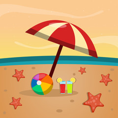 Obraz na płótnie Canvas umbrella , juice and starfish on the beach for summer concept vector illustration