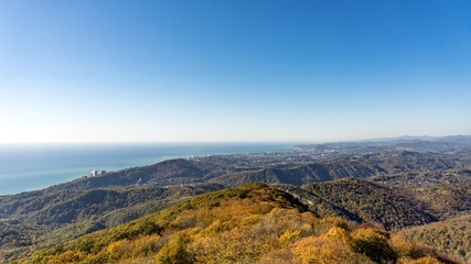 View from Akhun mountain. Black Sea and bright blue sky. Sochi, Russia.