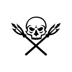 Mascot icon illustration of human skull with crossed primitive fishing spear hooks viewed from front  on isolated background in retro style.