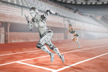 Cyborg silver running woman. Mixed media