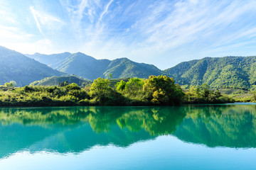 Fototapeta na wymiar Beautiful mountains and green reflections