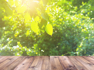 Wood table top over green leaves with sunlight in the morning background