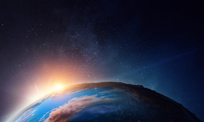Sunrise on planet orbit, space beauty