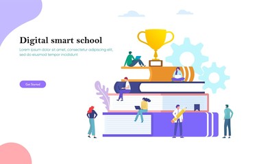 Online education vector illustration concept, men and women reading book by online, student learning on distance  can use for, landing page, template, ui, web, homepage, poster, banner, flyer, app