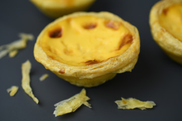 Closeup for egg tart on a dark background