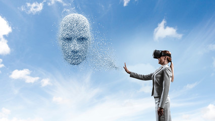 Digital head, artificial intelligence and virtual reality. Mixed media