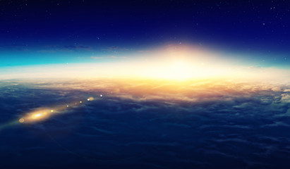 Fototapeta premium Sunrise on planet orbit, space beauty