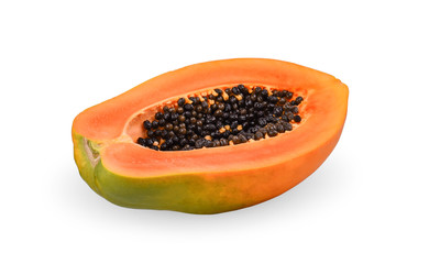 half of ripe papaya fruit with seeds isolated on white background.
