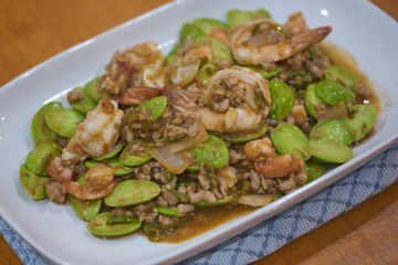 Fried shrimp and shrimp paste with Parkia Speciosa Native Thai food.