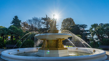 Fountain with a statue of the goddess of navigation near the Seaport in Sochi, Russia.