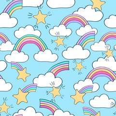 Hand drawn seamless repeat pattern with shooting stars, clouds and rainbows in a blue sky. Kids design, packaging, stationery, fabric celestial surface design.