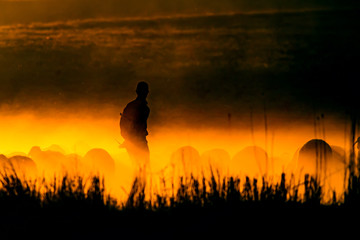 Sunset and shepherd. Red and black nature background. 