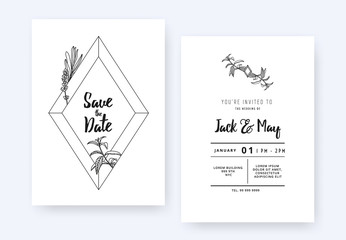 Minimalist wedding invitation card template design, diamond gemstone and foliage line art ink drawing on white