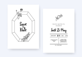 Minimalist wedding invitation card template design, octagon gemstone and foliage line art ink drawing on white