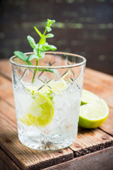 Old fashioned beverage with lime and mint leaves. Selective focus. Shallow depth of field.