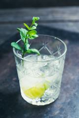 Old fashioned beverage with lime and mint leaves. Selective focus. Shallow depth of field.