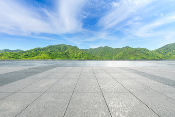 Empty square floor and green mountain natural landscape