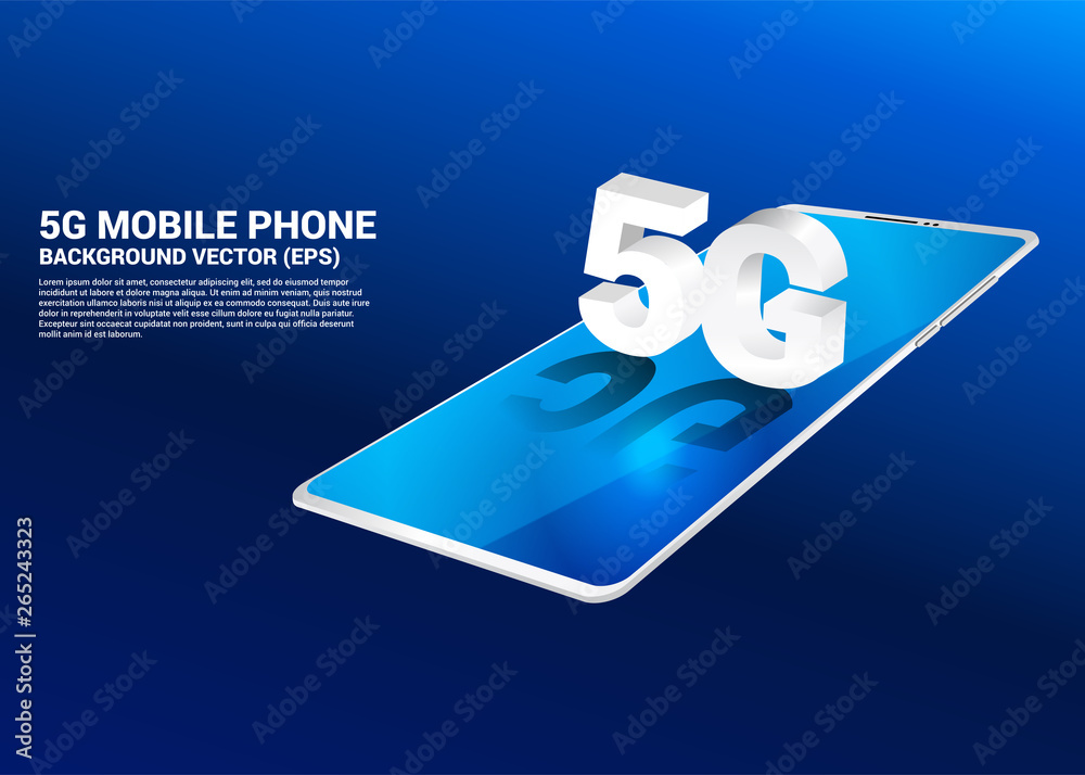 Poster 3d isometric 5g on mobile phone. concept for telecommunication technology and networking.