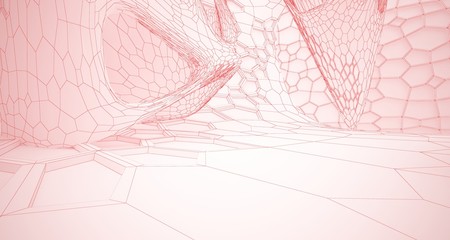 Abstract drawing white parametric interior multilevel public space with window. 3D illustration and rendering.