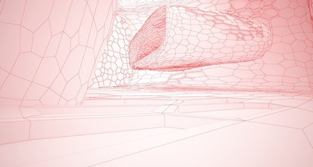 Abstract drawing white parametric interior multilevel public space with window. 3D illustration and rendering.