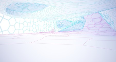 Abstract drawing white parametric interior multilevel public space with window. 3D illustration and rendering.