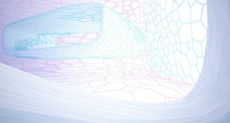 Abstract drawing white parametric interior multilevel public space with window. 3D illustration and rendering.