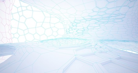 Abstract drawing white parametric interior multilevel public space with window. 3D illustration and rendering.