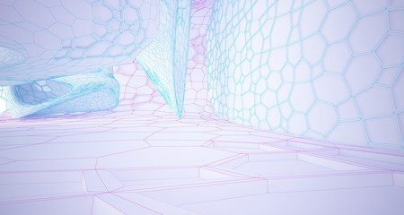 Abstract drawing white parametric interior multilevel public space with window. 3D illustration and rendering.